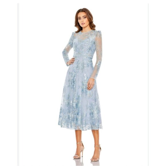 Mac Duggal Dress Womens 16 Blue Lace Sequin Embroidered Long Sleeve Midi 68020 - Picture 1 of 5